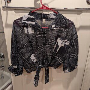 NWOT sheer newspaper print blouse, M/L
